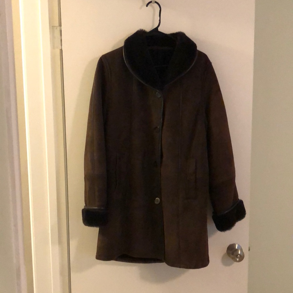 Espresso brown suede coat with sheepskin lining.